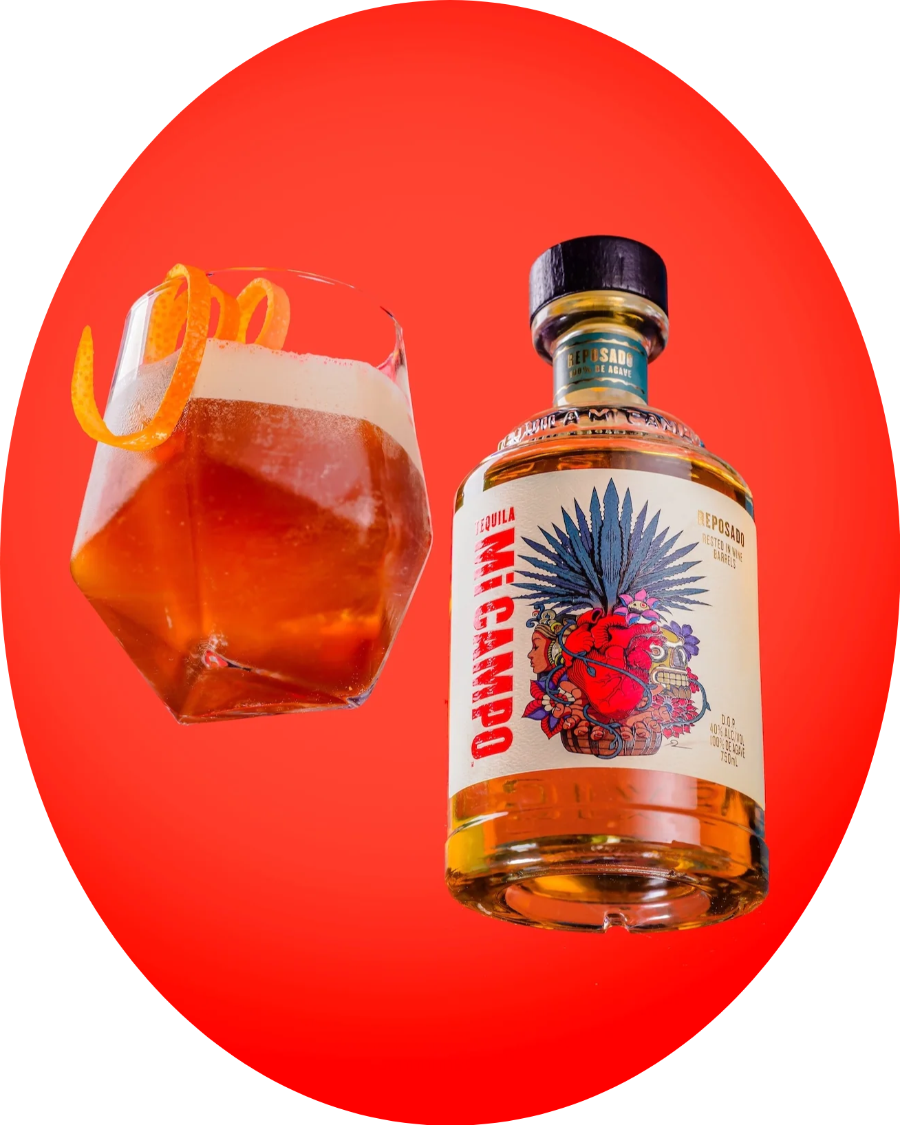 Bottle of Mi Campo tequila with a cocktail on a red background
