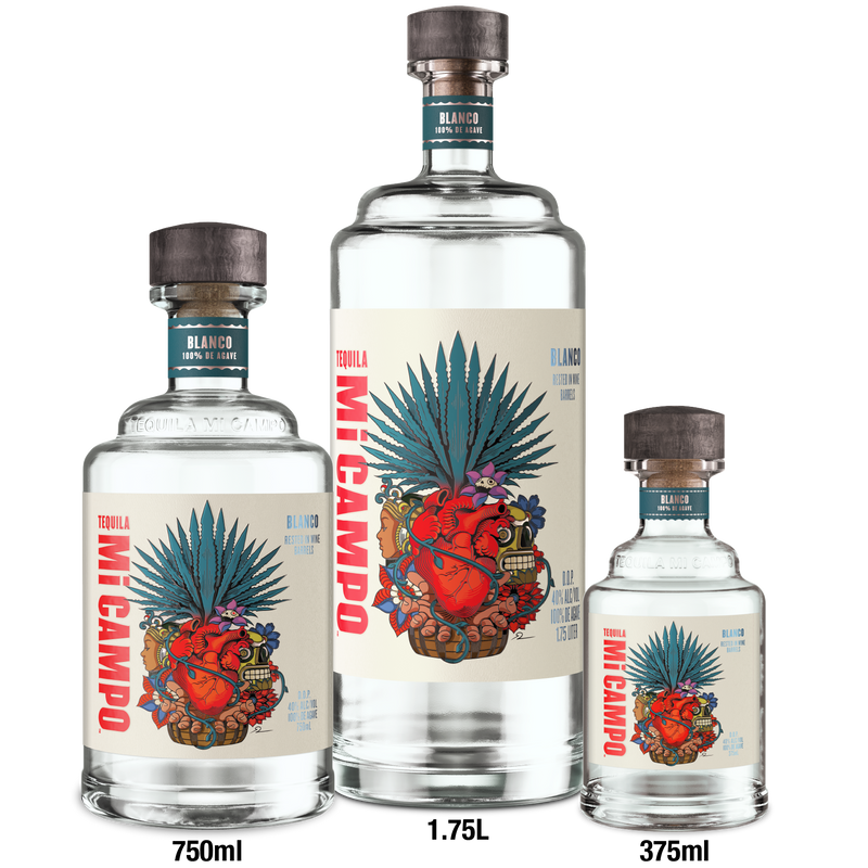 Three bottles of Mi Campo tequila with different capacities on a white background