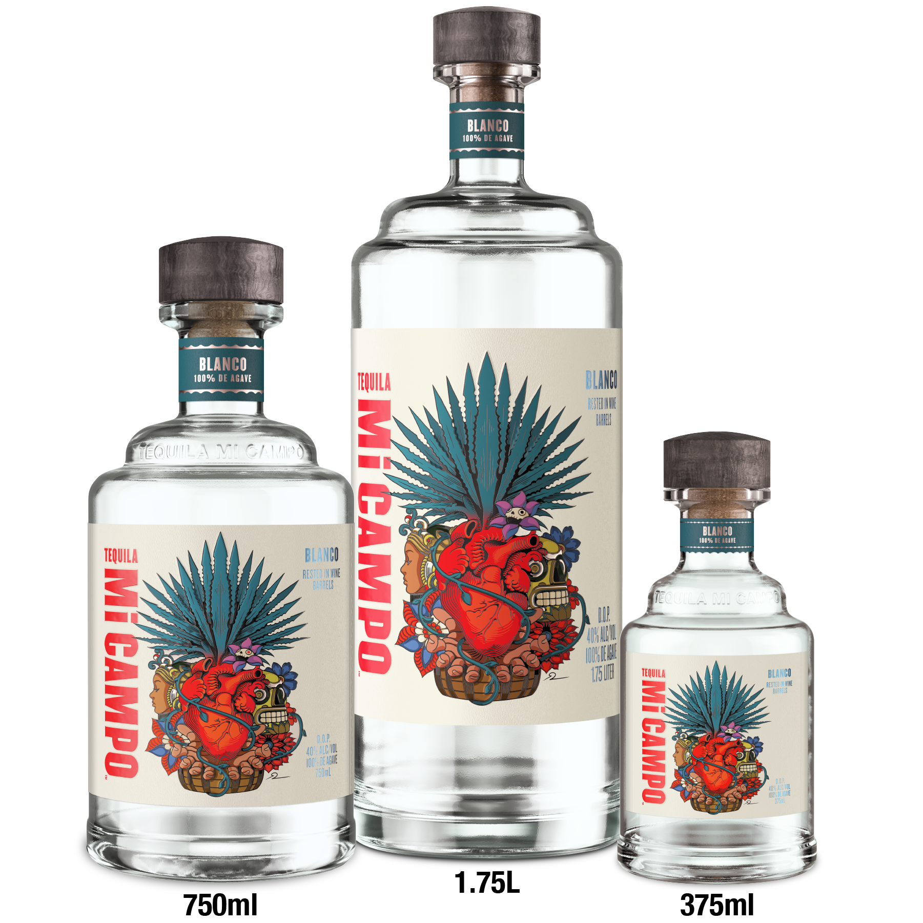 Three bottles of Mi Campo tequila with different capacities on a white background