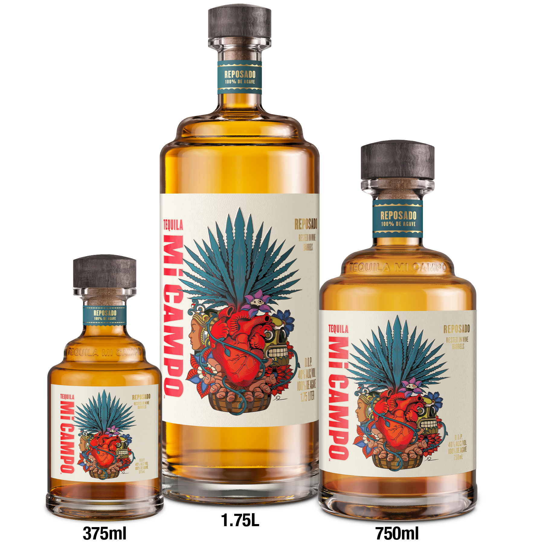 Three bottles of Mi Campo Reposado tequila with different capacities on a white background