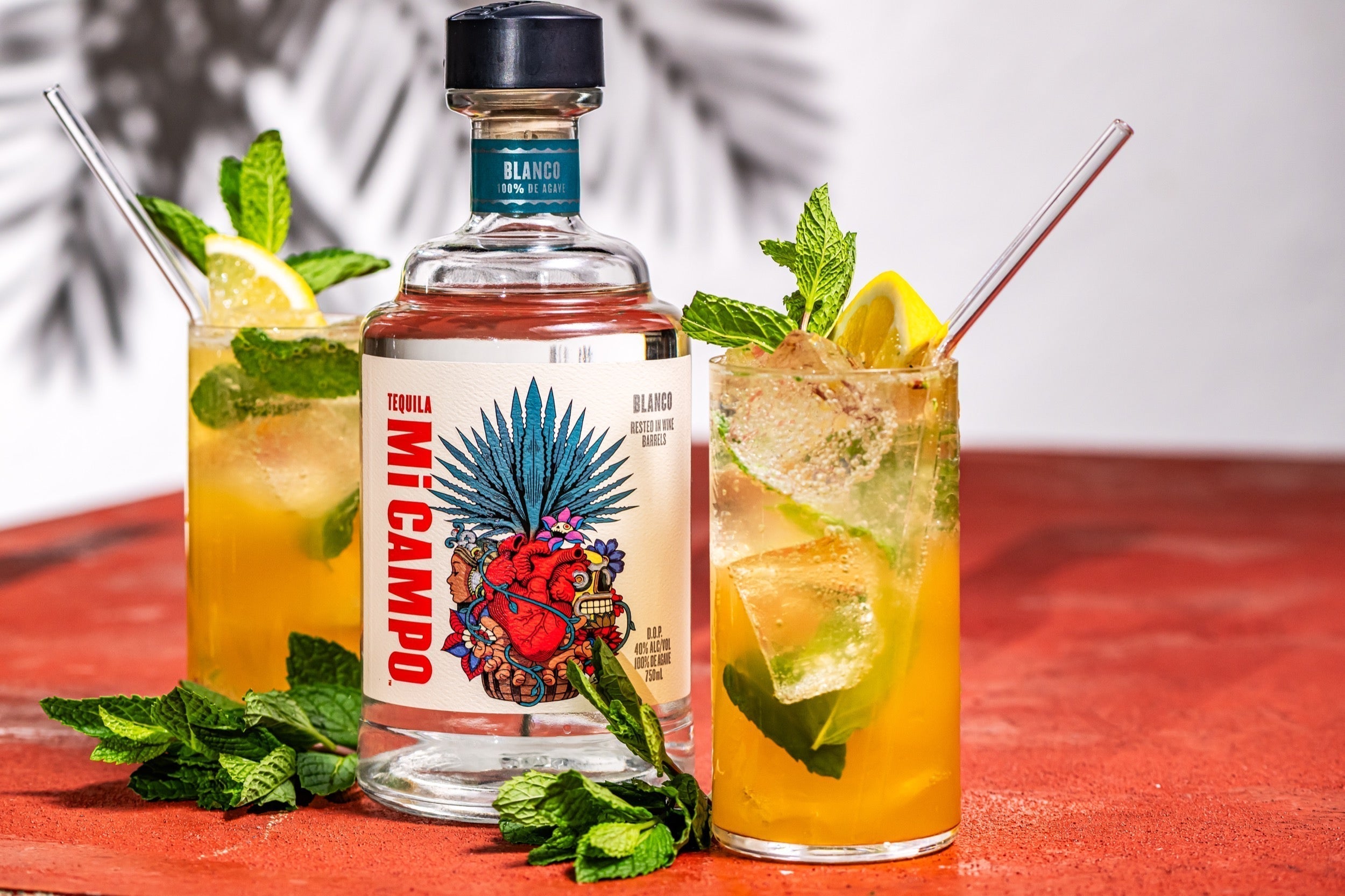 Bottle of Mi Campo Blanco tequila beside two mint and honey tequila smash cocktails with lemon slices, fresh mint, and ice on a terracotta surface.