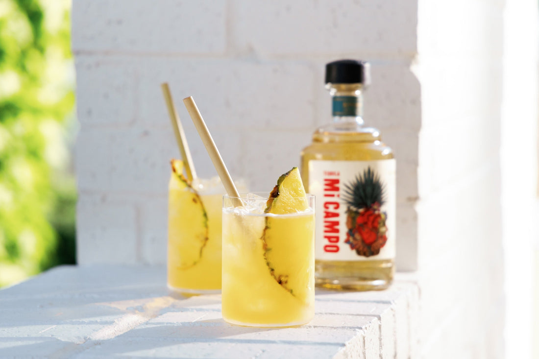 A brightly lit photo of two cocktails with slices of pineapple as garnish on a white brick surface with a bottle of Mi CAMPO Reposado in the background.