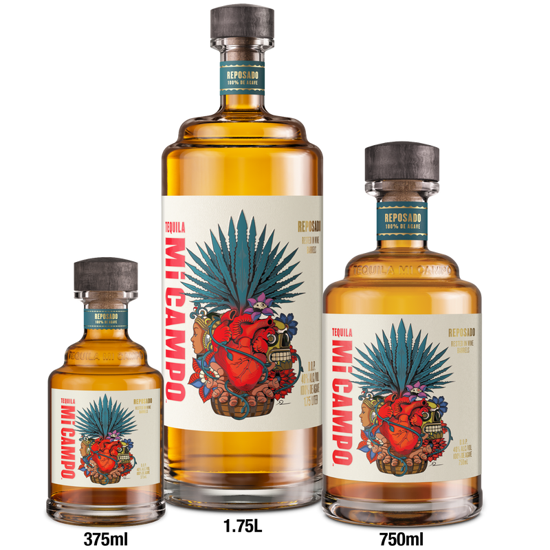 Three bottles of Mi Campo Reposado tequila with different capacities on a white background