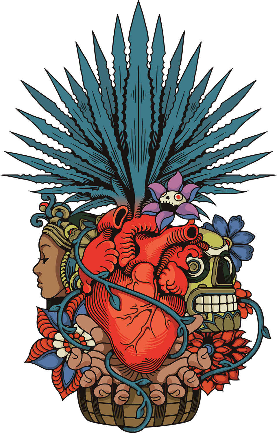 Artistic illustration of a heart with tribal elements and a blue agave plant on a white background